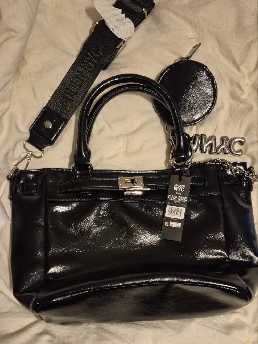 Black Women's Tote Bag with Silver Charm and Detachable Strap